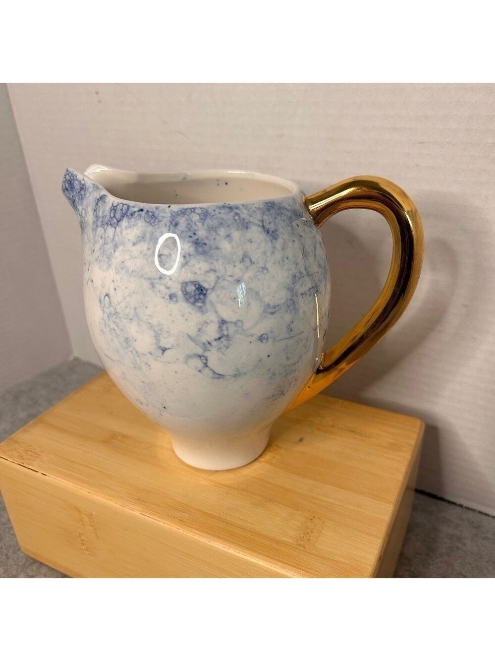 Anthropologie Blue Ceramic Pitcher Gold Handle Holds Approx 30oz 7x5x6.5” Nice!